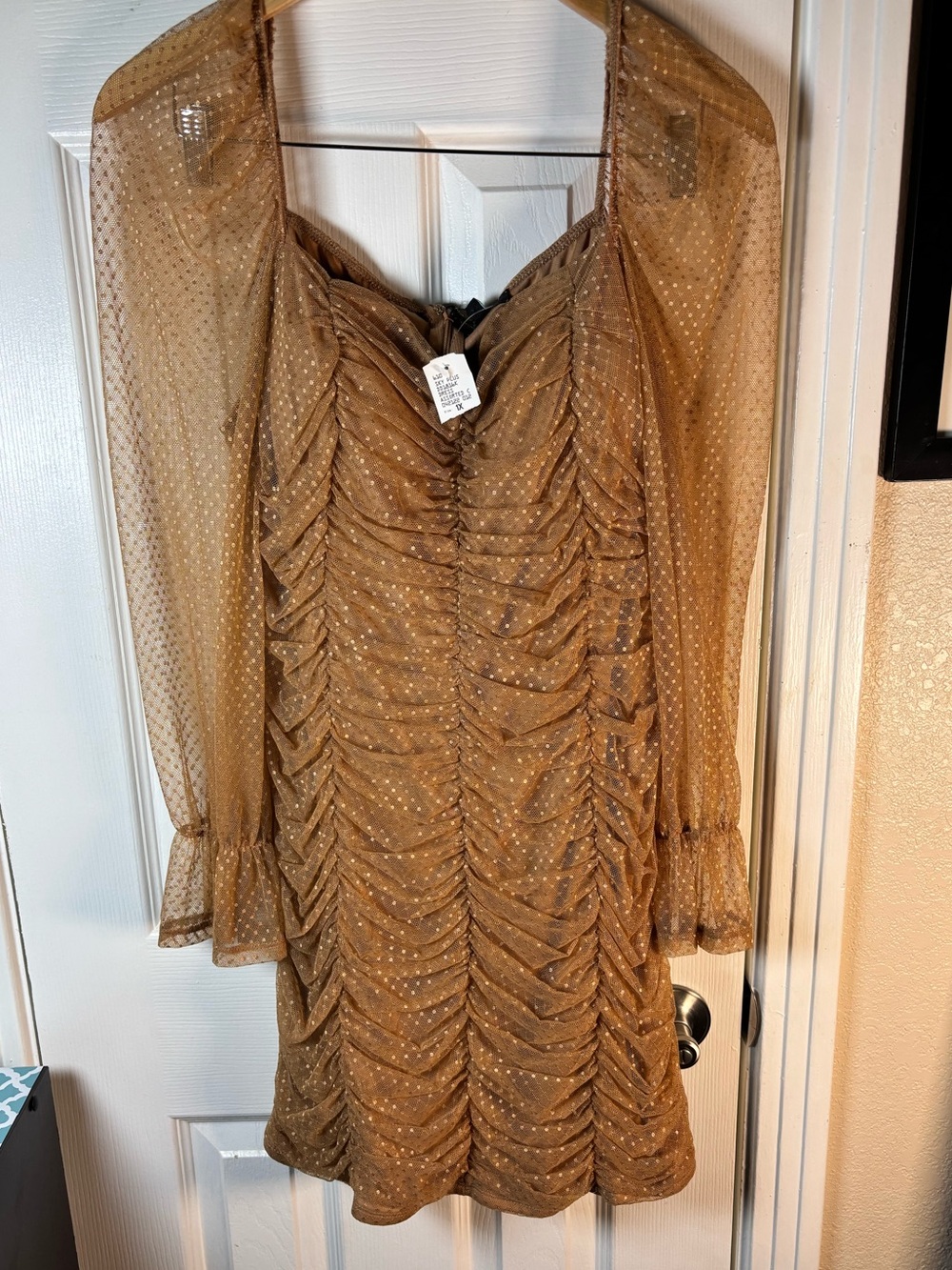 Gold Ruched Sheer Sleeve Dress 1X NWT